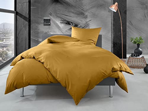 Bettwaesche-mit-Stil Mako Perkal Bettwäsche Uni einfarbig Gold (Garnitur 135x200 + 80x80 cm)