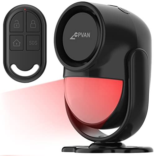 CPVAN Indoor Motion Sensor Alarm with Siren, Wireless Infrared DIY PIR Motion Detector Burglar Alarm System, Battery Operated, 125dB Adjustable, Remote Control for Home/Garage/Van/Shed/Shop. (Black)