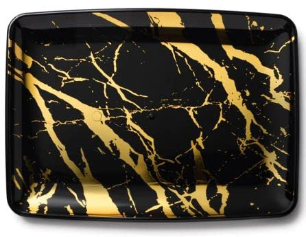 Decorline - Vassoio da Portata - Set di 4 - Robusti Piatti da Portata in Plastica Riutilizzabili un aspetto Marmor, Vassoio Decorativo e Elegante, buffet feste - Rettangolare 20x28cm - Nero/Oro