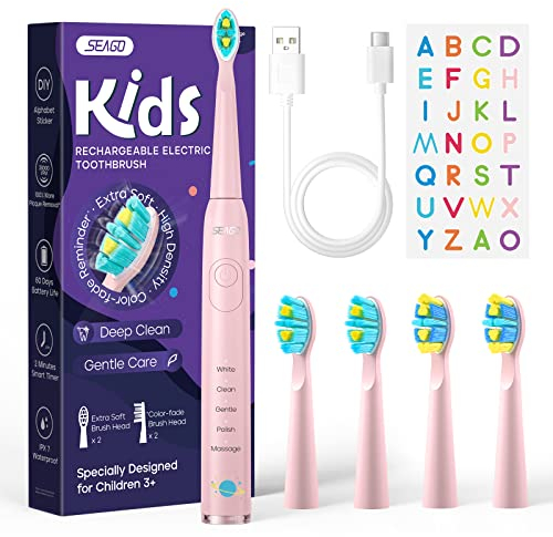 Seago Spazzolino Elettrico Bambini 6-12 Anni, Spazzolini Elettrici per Con Adesivi Fai Da Te Divertenti, Timer Da 2 Minuti, 4 Testine Spazzolino Bambini,Impermeabile IPX7 SG-2303 (Rosa)