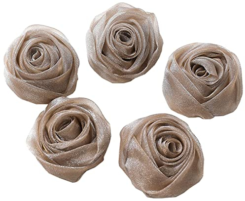 KABELIF 5 Stück Organza Rose Blume Brosche, Blume Ansteckblume, Blume Haarspange, Blume Haarclip, Blumen Haarnadeln Haarblume Haarblüte DIY Haarschmuck 4.5 CM (Braun)