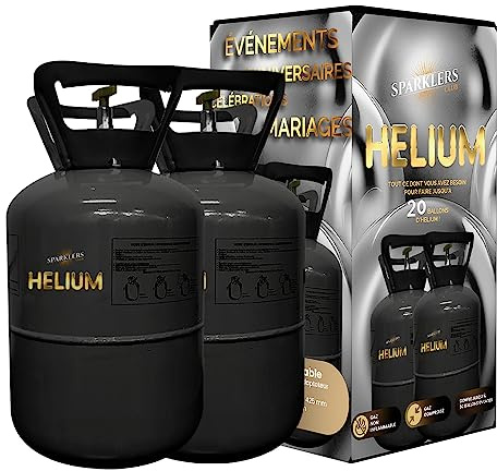 Helio, 2 botellas grandes de gas de helio, para 40 globos – caramelo desechable 0,34 m3 ideal para fiestas, cumpleaños, bodas y fiestas. – Haz flotar tus globos con SPARKLERS CLUB