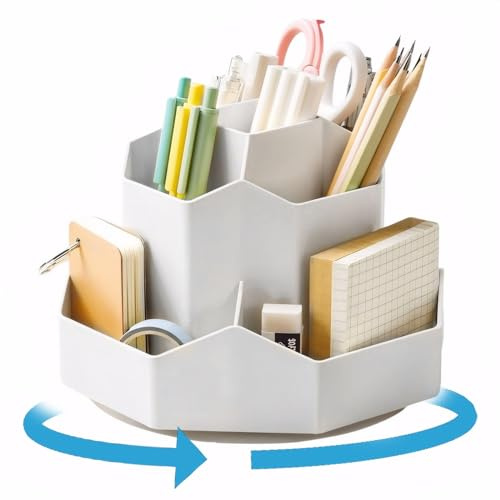Porte-crayons Rotatif à 360°, Pot à Crayons avec 9 Compartiments, Range Stylos Pivotant Organisateur de Bureau, Organiseurs de Pinceaux de Maquillage Boîte de Rangements Papeterie Rotative (Blanc)