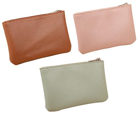 3 Stück Kleines Portemonnaie Damen Kleingeldbörse Münzbörsen PU Lychee Muster Reißverschluss Münze Geldbeutel Mini Geldbörse Portable Coin Purse für Frauen Männer(Braun+Rosa+Grün)