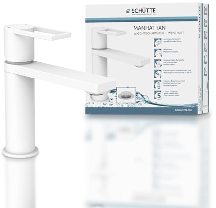 SCHÜTTE Waschtischarmatur MANHATTAN 33018, Wasserhahn Bad mit Ablaufgarnitur, Armatur Badezimmer, Einhebelmischer Badezimmer mit Pop Up Abflussstopfen, Mischbatterie Waschbecken, Weiß