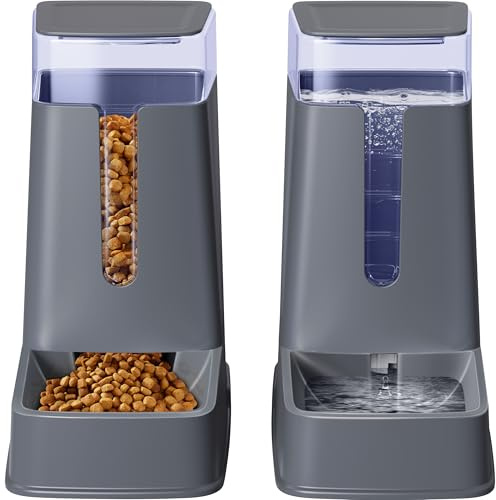 2-pack automatisk kattmatare och vattenautomat, gravitation hundmat och vattendispenser set för små medelstora stora husdjur katter hundar valp kattunge, 1 gallon x 2 (djupgrå)
