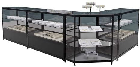 Verkaufsvitrinen schwarz, Set 3x Thekenvitrine mit Unterschrank B120xH94xT50 cm und 1x Eckvitrine B70,5x H94xT53,5 cm, Schmuckvitrine ESG-Sicherheitsglas mit LED-Spots, Verkaufstheke L-Form