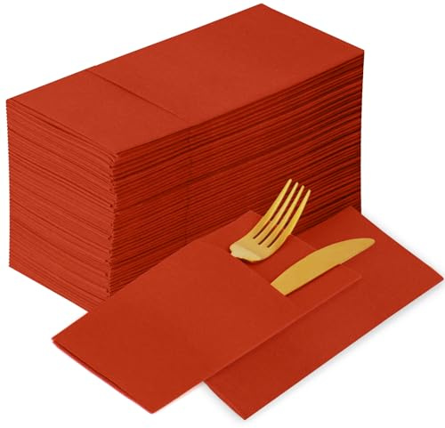 Paquete de 100 servilletas de papel desechables de terracota plegadas, servilletas gruesas de alta calidad, color rojo vino, bolsillo para cubiertos, toalla de papel larga para fiestas, Navidad,