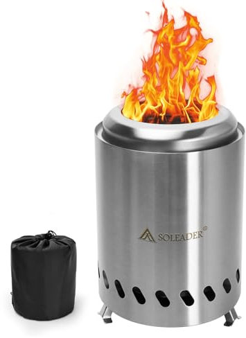 SOLEADER Hoguera de mesa con soporte, estufa de camping de bajo humo para exteriores y patio, chimenea sin humo de combustión segura, estufa de acero inoxidable, alimentada por pellets o madera, bolsa