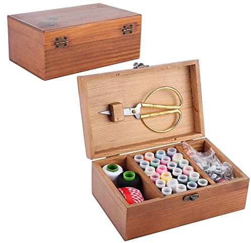 Altmodischer Holz-Nähkasten, Stickgarn-Organizer, Holz-Nähkasten-Korb Mit Fach, Holz-Werkzeugkasten, Nähkorb-Set Für Damen, Herren, Erwachsene, Mädchen, Kinder(Box With Accessories)