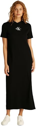 Calvin Klein Donna Abito a T-Shirt Monologo Long Rib Tee con Scollo Rotondo, Nero (CK Black), XXS