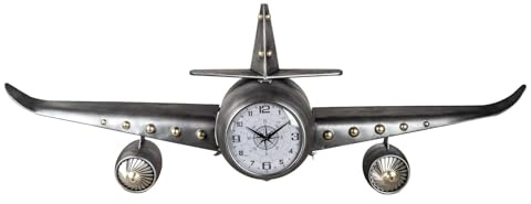 formano Metall Wanduhr Flugzeug 142 x 50 cm 3D Metall Uhr Silber XXL Dekoration | Wohnzimmer Vintage Flugzeug-Deko |Quarzuhrwerk Handgefertigt Clock Groß