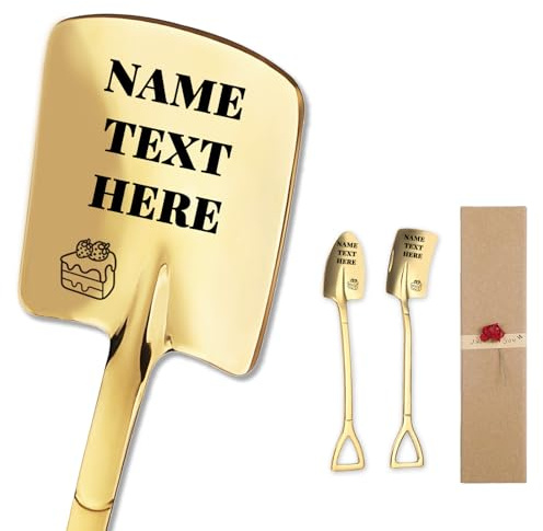 2 Pcs Personalised Ice Cream Spoons Custom Engraved with Your Own Design Name Text Logo Stainless Steel Coffee Dessert Spoons Includes Box for Family Friends Lovers (Gold)