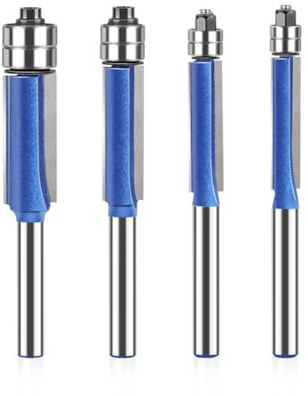 4PCS 1/4 Inch Shank Flush Trim Router Bit Set, Silver Blue Double Bearing Router Bit Trimming Knife Woodworking Milling Tools Double-Edged Trimming Machine Blade