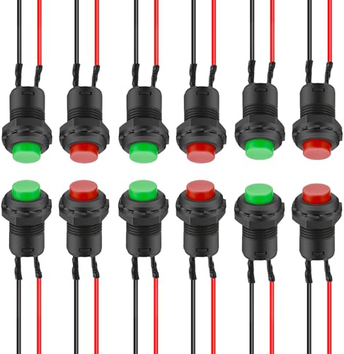 Linkstyle 12 Stück Selbstverriegelnde Druckknopfschalter, 12mm Rund Mini Druckknopfschalter mit Rot/Grün Knopf & Vorverdrahteter, für Auto Elektronik Heimwerker Projekte