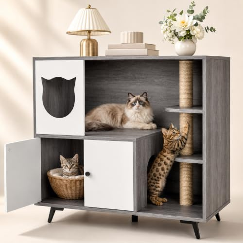 MAMIZO Katzenklo Schrank, 98x91x50CM Tragfähigkeit 50 KG, Dunkelgrau | Katzenschrank, Katzenhaus Katzenhöhle, Katzentoilette Schrank mit Kratzbaum, Versteckt Katzenkloschrank mit Tür