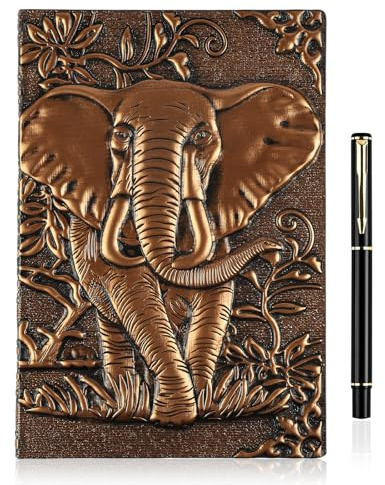 OFFCUP Läderanteckningsbok A5, 200 Sidor Inbunden Resedagbok med Penna, 3D Prägladt Block Vintage Anteckningsbok Skissbok Skrivjournaler Present för Män Kvinnor Barn Pojke Flicka (Elefante) Barn Dag