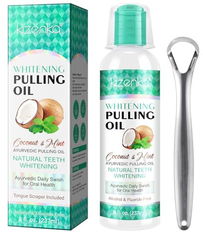 Coconut Pulling Oil (8 Fl.Oz), Mint Oil Pulling Mouthwash with Tongue Scraper - Natural, Alcohol Free for Teeth to Help with Fresh Breath, Teeth Whitening and Healthier Teeth & Gum