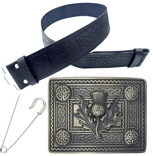 Juego de cinturón y hebilla para falda escocesa, elegante cinturón de cuero en relieve de cardo para hombre, hebilla de peltre hecha a mano, acabado plateado antiguo, pin de falda escocesa de 3