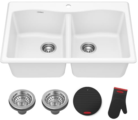 KRAUS Forteza 33-inch Granite Drop In/Undermount 50/50 Double Bowl White Kitchen Sink, KGD-52WHITE
