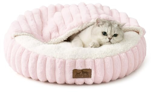 COZY KISS Lit Chat et Petit Chien avec Couverture 50cm, Panier Lavable Rose | Coussin-Canapé Rond Antidérapant,Oreiller Doux, Soutien Tête, Anti-Anxiété, Repose-Tête Fausse Fourrure Luxueuse, 15cm H Rose