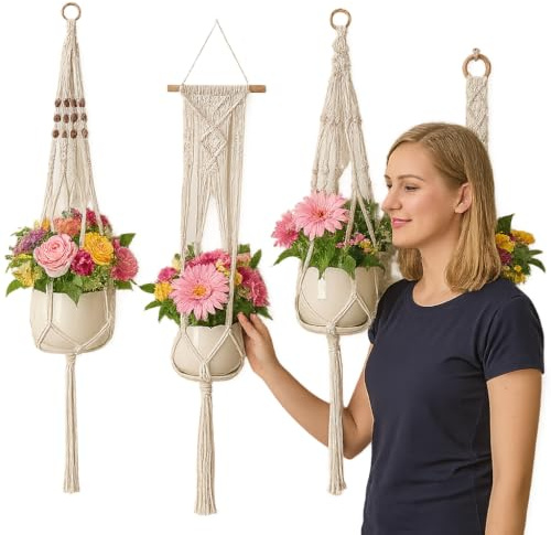 Emotionlin Makramee Blumenampel 4er-Set – Boho Deko Hängepflanzenhalter für Blumentopf Hängend Ø 10–25 cm – Pflanzenampel aus Baumwolle für Balkon, Fenster, Wohnzimmer (Weiß A)