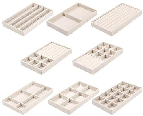 PORFOYO 8 vassoi portagioie, organizer per gioielli, cassetto, organizer per gioielli, inserti per cassetti, per orecchini, bracciale, spille, collane, colore beige