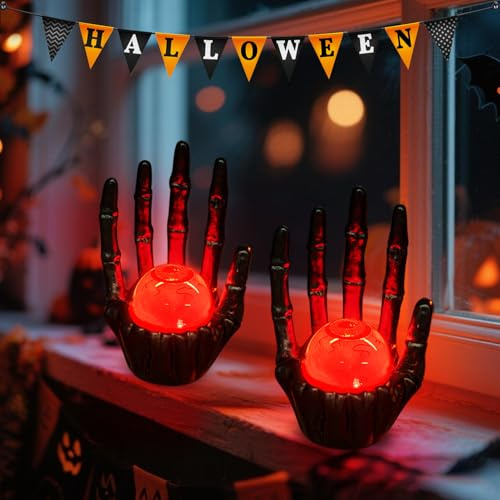 FUFRE Halloween Deko Skelett mit LED Licht, 2 Stück Skelett Deko mit Leuchtende Gruselig Augen, Schwarz