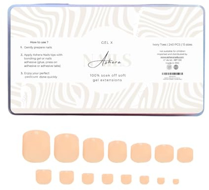 Ashera Nails Capsules Soft Gel Premium Pieds Ivory Medium | 240 Capsules, 15 Tailles - Faux Ongles Pieds Pose Américaine - Pédicure Nude Ivoire, Confort Gel Flexible