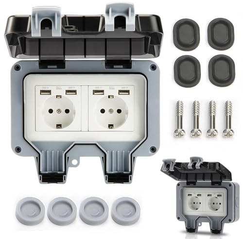 Herbst Aussensteckdose IP66 Wasserdichte Steckdose mit USB Anschluss | 2 Fach Gartensteckdose Wandsteckdose für Drinnen und Draußen mit Klappdeckel