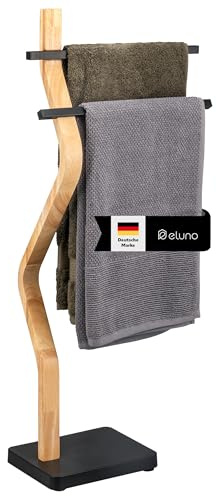 eluno Stand-Handtuchhalter freistehend, 2 Stangen für Handtücher, moderner Handtuchständer aus FSC-zertifiziertem Holz und Metall (Schwarz)