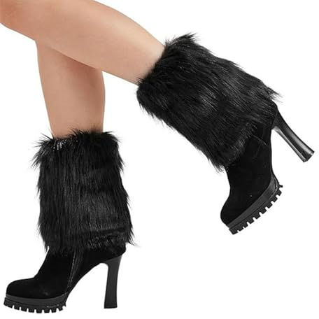 Fluffy Leg Warmers, Fur Leg Warmers, Fashion Boot Cuff Black Leg warmers for Women Girls Y2k Christmas Halloween Costume Accessories (20cm/7.87in)