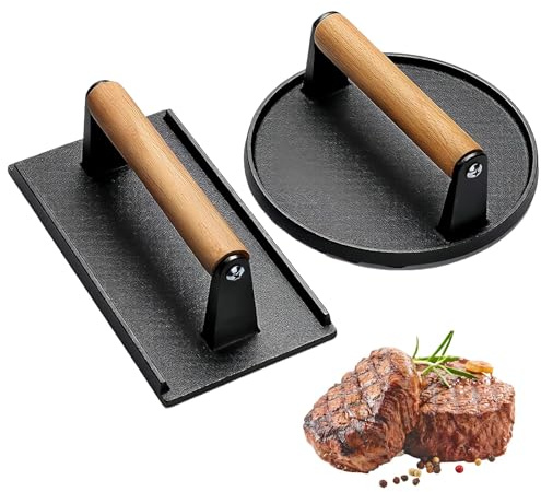 Burger Press Meat Bacon Set 2pcs, 18cm and 21cm Heavy Duty Cast Iron Grills | Smash Burger Mold Meat Pie Machine with Wooden Handle for Grilled Steak Bacon Sandwich Vegetables