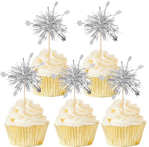 Gleevio 40 Stück Happy Birthday Muffin Deko Foil Feuerwerk,Silber Tortendeko Geburtstag,Glitzer Foil Feuerwerk Cupcake Deko,Happy Birthday Tortendeko,Kuchendeko für Geburtstag Neujahr Weihnachten