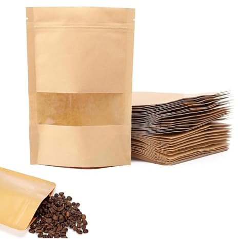 50 Sachets en Papier Kraft avec Fenêtre et Fermeture Zip - 10x15 cm, Réutilisables et Stables pour Aliments (Café, Noix, Snacks)