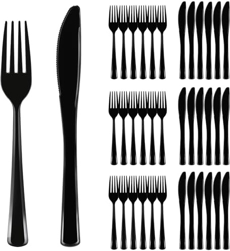 ALEXPRE 200 Pack Black Reusable Cutlery Set | Heavy Duty Cutlery ,Reusable Knife and Forks for Party,Birthday,Camping, Weddings