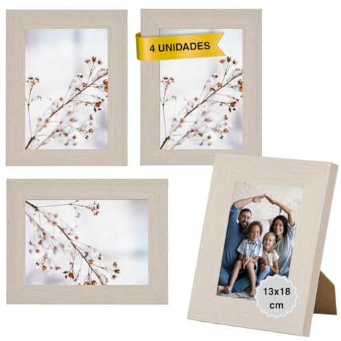 MARCOFOTO Marco de Fotos para Pared - Set de 4 Portafotos MDF con Cristal, uso vertical u horizontal - Decoración hogar u oficina, diplomas - Color Beige 13x18 cm