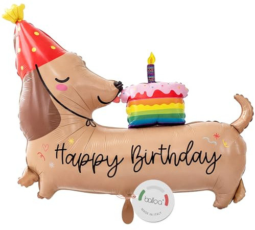 balloa Folienballon Dackel Happy Birthday, XXL Geburtstagsdeko, 94 cm | Dackel mit Torte und Happy Birthday Aufdruck, XXL Hundemotiv, heliumgeeignet, ungefüllt, fröhliche Geburtstagsdeko