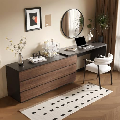 Trroec L-Shaped Rotatable Dressing Table with 6 Drawers - Adjustable Telescoping Computer Desk Modern Simple Design for Home, Bedroom, Office, Walnut, 31.4-97.63 Inch
