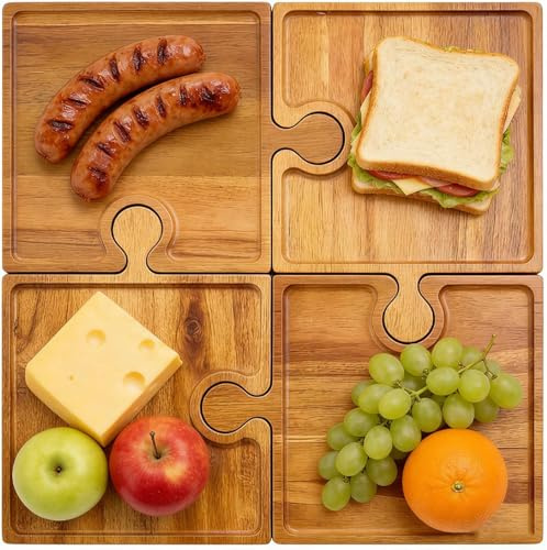 Holz-Puzzle-Charcuterie-Set, 4-teilig, ineinandergreifende Schneidebretter mit Griff, Serviertablett für Käse, Fleisch & Vorspeisen