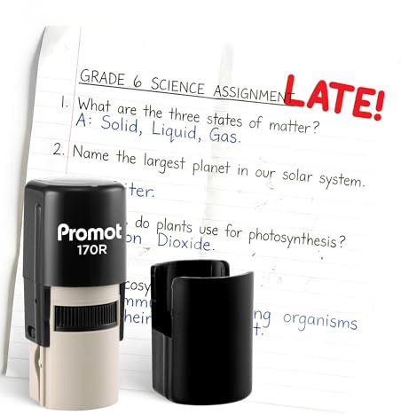 Promot - Self-Inking Stamps for Teachers, Round Rubber Stamp for Grading & Feedback. Quick-Dry Ink Stamps, Clear Imprint, Refillable Classroom Stamp & No-Mess Design (Late)