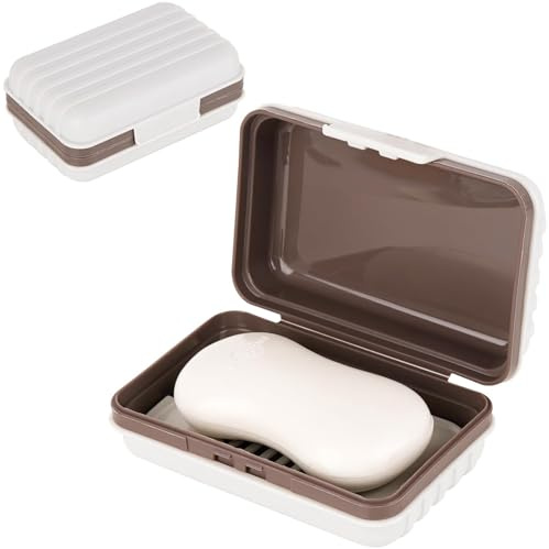 Boite à Savon Voyage, Porte Savon Portable avec Couvercle Étanche, Boîte à Savon en Plastique pour Salle de Bain, Camping, Randonnée et Déplacement, Design Bicolore Blanc et Café, 1 Pièce