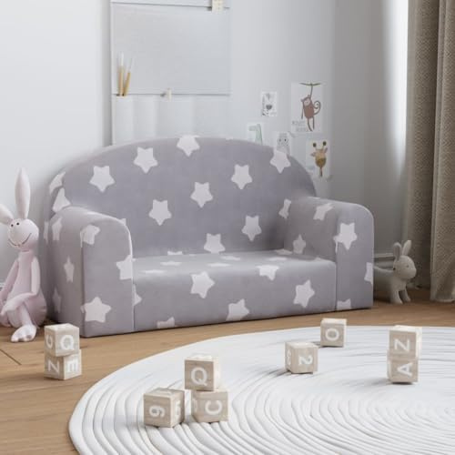 Ziaphsol Sofá infantil de 2 plazas, gris claro con estrellas, suave felpa sofá con acolchado de espuma, funda extraíble para habitación infantil, para jugar, leer y relajarse