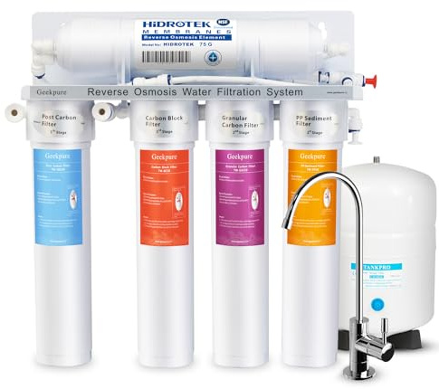 Geekpure Sistema de Filtración de Agua Potable por Osmosis Inversa de 5 Etapas con Filtros Twist de Cambio Rápido-75GPD