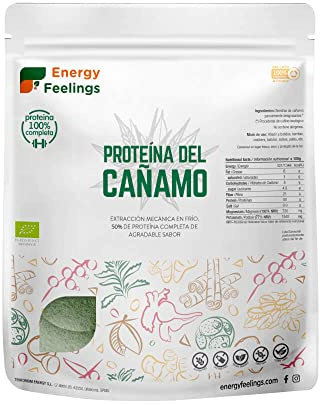 Energy Feelings Proteína en Polvo de Cáñamo 500g 50%, Proteína Vegana Sin Lactosa y Sin Gluten para Masa Muscular, Sin Sabor, Vegetal, Alto Contenido en Fibra, Vegan Protein Powder