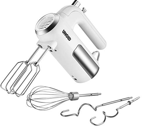 Unold 78710 Handmixer - Mixer, Weiß, 450W, Edelstahl, BPA-frei, spülmaschinengeeignet, 5 Geschwindigkeitsstufen, Aufschlagen, Rühren, Kneten, Auswurftaste, Sahne schlagen, Kuchen- und Brotteig rühren