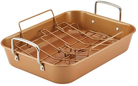 Ayesha Curry Nonstick Roaster / Roasting Pan with Rack - 11 Inch x 15 Inch, Brown