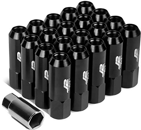 J2 Engineering 20 Pcs 7075 Aluminum Tall Open End M12 x 1.25 Lug Nuts Set w/Socket Adapter, Black, Fit Conical Seat, LN-T7-003-125-BK