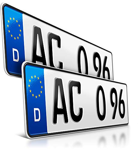 2 Kfz Kennzeichen | 430 x 110 mm | Kurze Autokennzeichen | Nummernschilder | DIN-zertifiziert – Wunschkennzeichen mit individueller Prägung | Sportliche Auto-Schilder | Kurze Länge – 43 cm