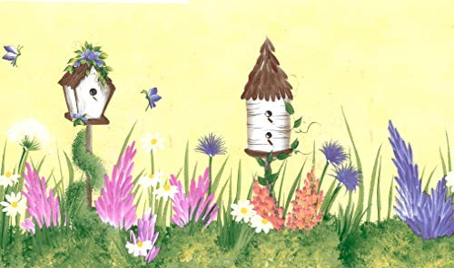 Dundee Deco BD6312 Tapeten Bordüre, vorgeklebt, Blumenmuster, Gelb, Grün, Pink, Violett, Vogelhäuser, Blumen, Wandbordüre, Tapetenbordüre Retro-Design, 4,57 m x 17,5 cm